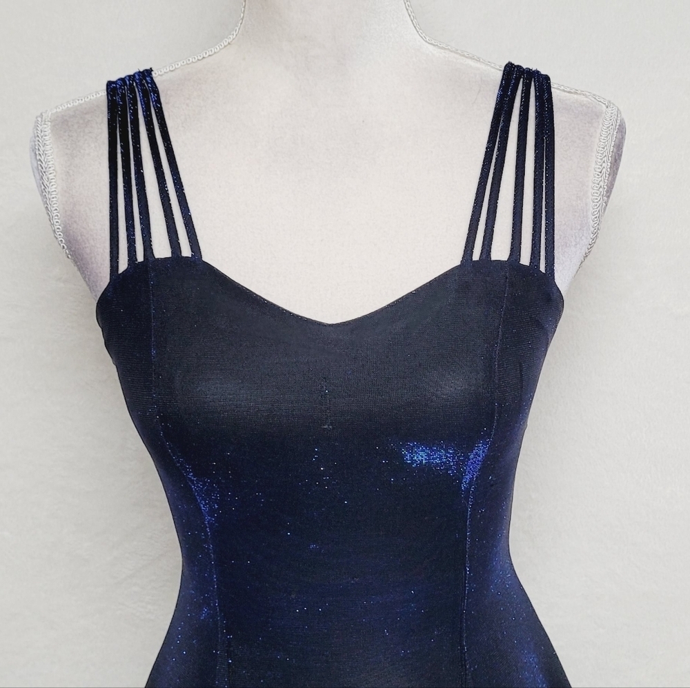 Vintage 90s All That Jazz Blue Metallic Mesh Strappy Fit & Flare Mini Dress - Picture 5 of 13